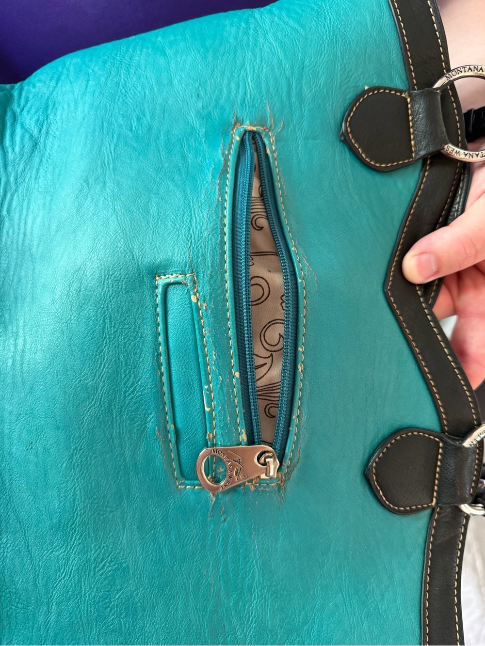 Turquoise Embroidered Shoulder Tote with Rhinestone Cross - Picture 6 of 7